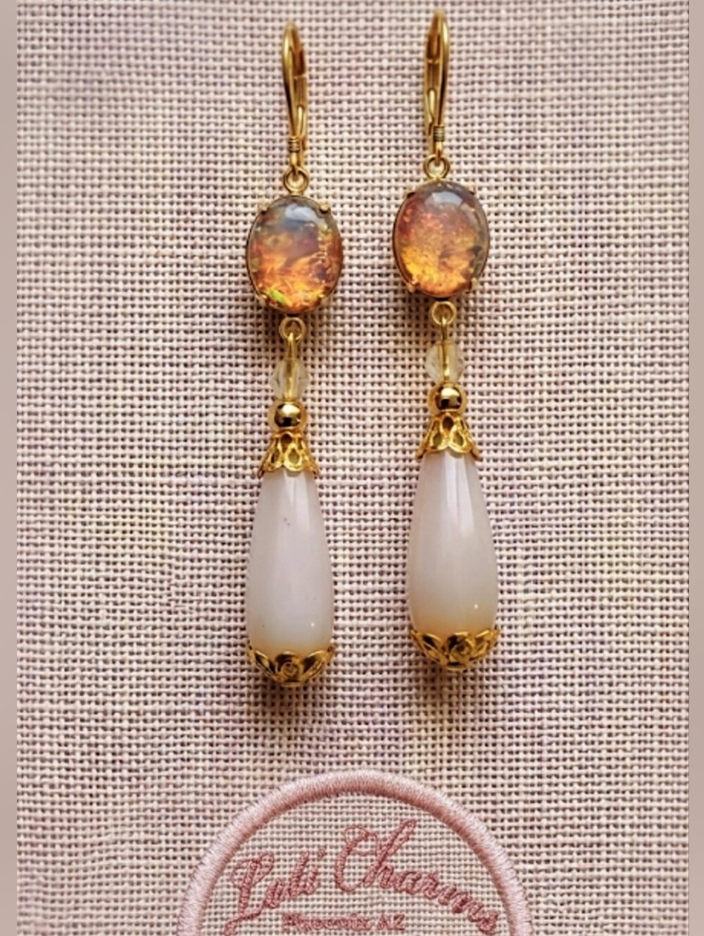 Natural Peruvian Pink Opal And Pink Fire Glass Opal In Gold Plated Drop Earrings